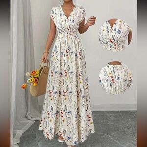 NWT. White Floral Maxi Dress with Smocked Waist